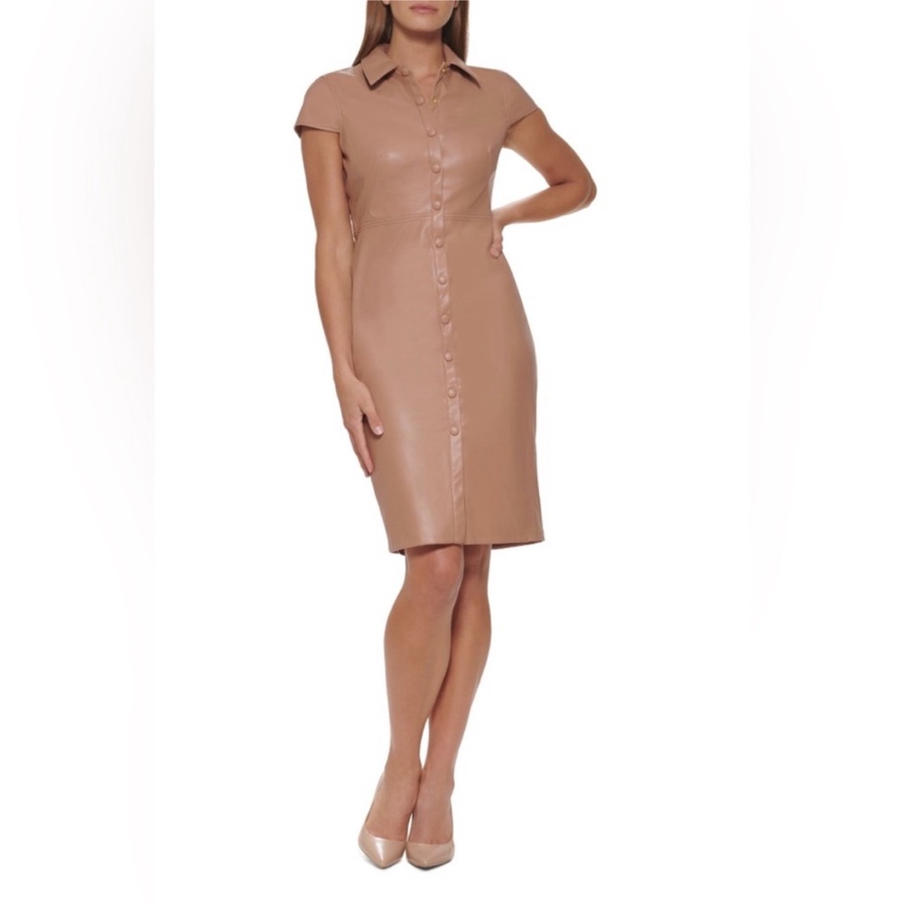 NWOT Calvin Klein Tan Faux Leather Collared Dress